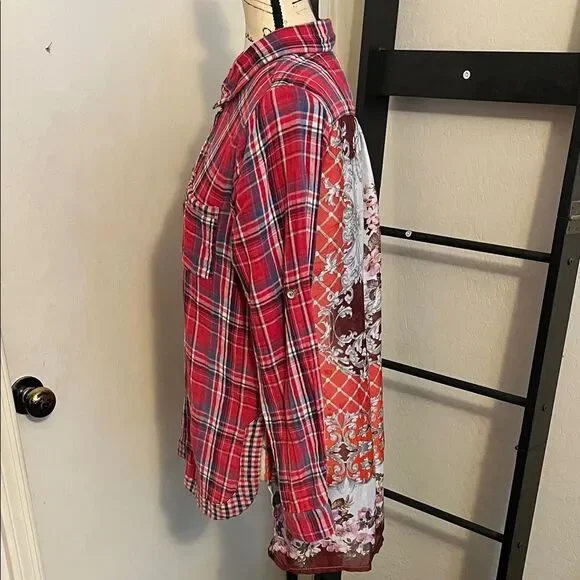 Aratta Silent Journey Red Plaid Floral Design Button-Up Mixed Media Shirt Boho - Picture 4 of 9